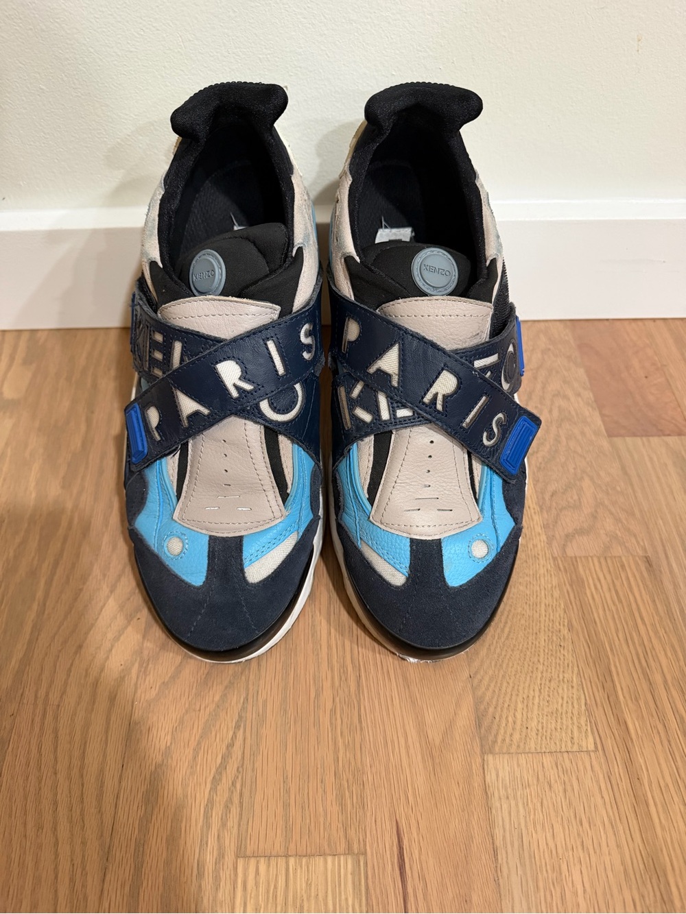 Kenzo Men's Sneakers in Navy, Light Blue & Beige with PARIS Cross Strap
